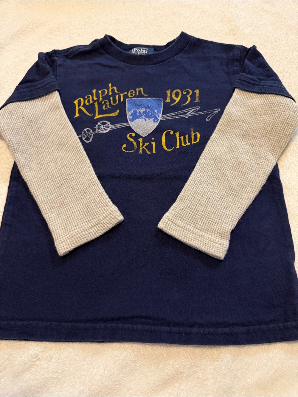 Ralph Lauren Navy Long Sleeve Ski Club Layered-Look Tee with Cream Sleeves